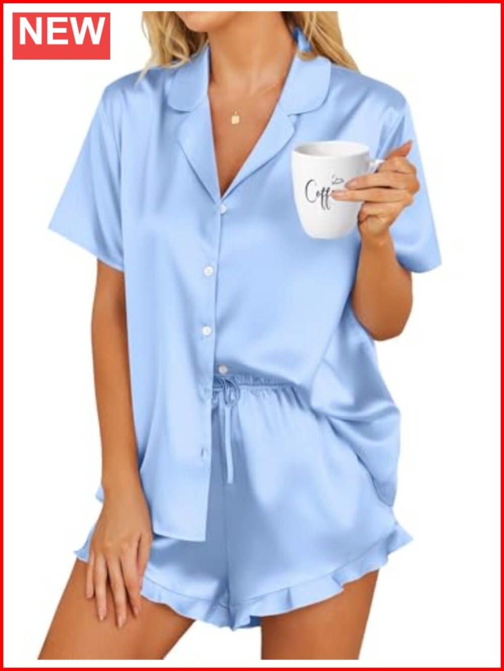 Womens Satin Pajamas Set Button Down 2 Piece Ruffle Shorts Sleepwear